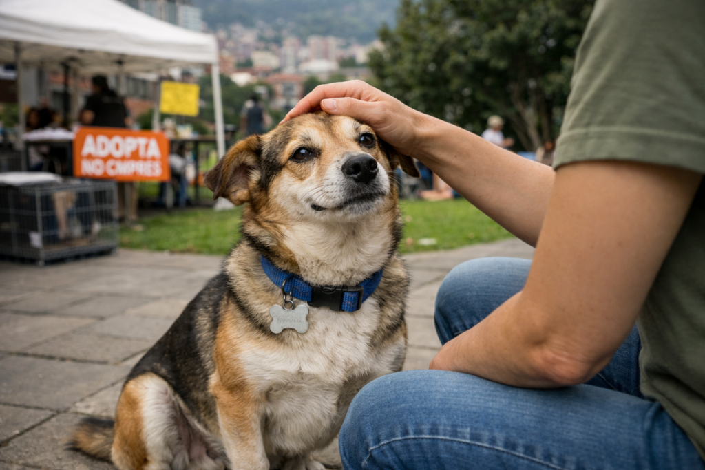 Perro pequeño en proceso de adopción en Medellín, acompañado por una persona adulta en un parque urbano, representando opciones reales de Perros para adoptar en Medellín, adopción responsable y búsqueda de lugares de adopción de perros con enfoque humano y consciente.