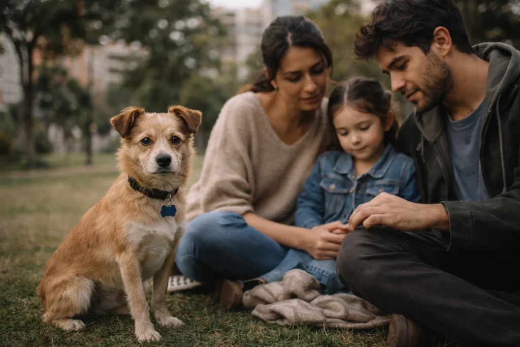 Perro pequeño en adopción acompañado por una familia en un parque urbano de Bogotá, imagen realista que representa el proceso de adopción responsable desde fundaciones y sitios de adopción de perros, mostrando un entorno tranquilo y seguro para quienes buscan adoptar un perro gratis o encontrar perros en adopción raza pequeña.