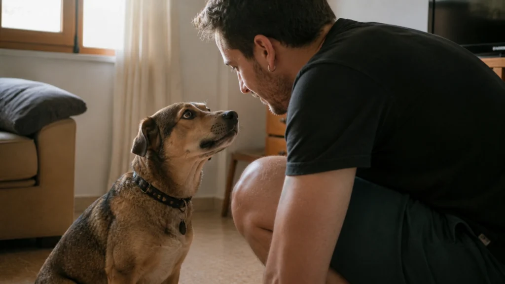 Perro en adopción recién llegado a casa observa a su tutor en un entorno tranquilo, reflejando el proceso de adaptación y vínculo tras la adopción de perros, ideal para ilustrar cuidados para perros y conexión emocional.